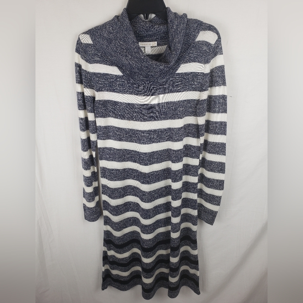 Westport 1962 Blue and White Long Sleeve Turtleneck Midi Dress Sz S - Picture 2 of 7